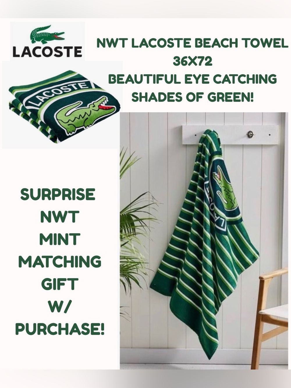NWT LACOSTE BEACH TOWEL! 36X72! BEAUTIFUL 100% HIGH QUALITY COTTON!